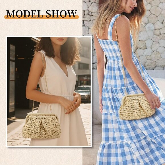 Women's Summer Straw Braided Crossbody Bag with Tassel Chain,Shoulder Straps Wov - Picture 4 of 4